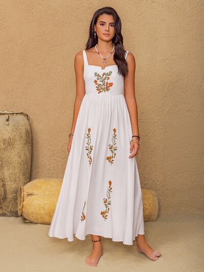 Floral Embroidered Sleeveless Maxi Dress for women from 6i6.com, perfect for breezy summer outings or elegant evening wear.