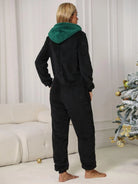 Pom-Pom Trim Zip Front Hooded Lounge Jumpsuit - 6i6