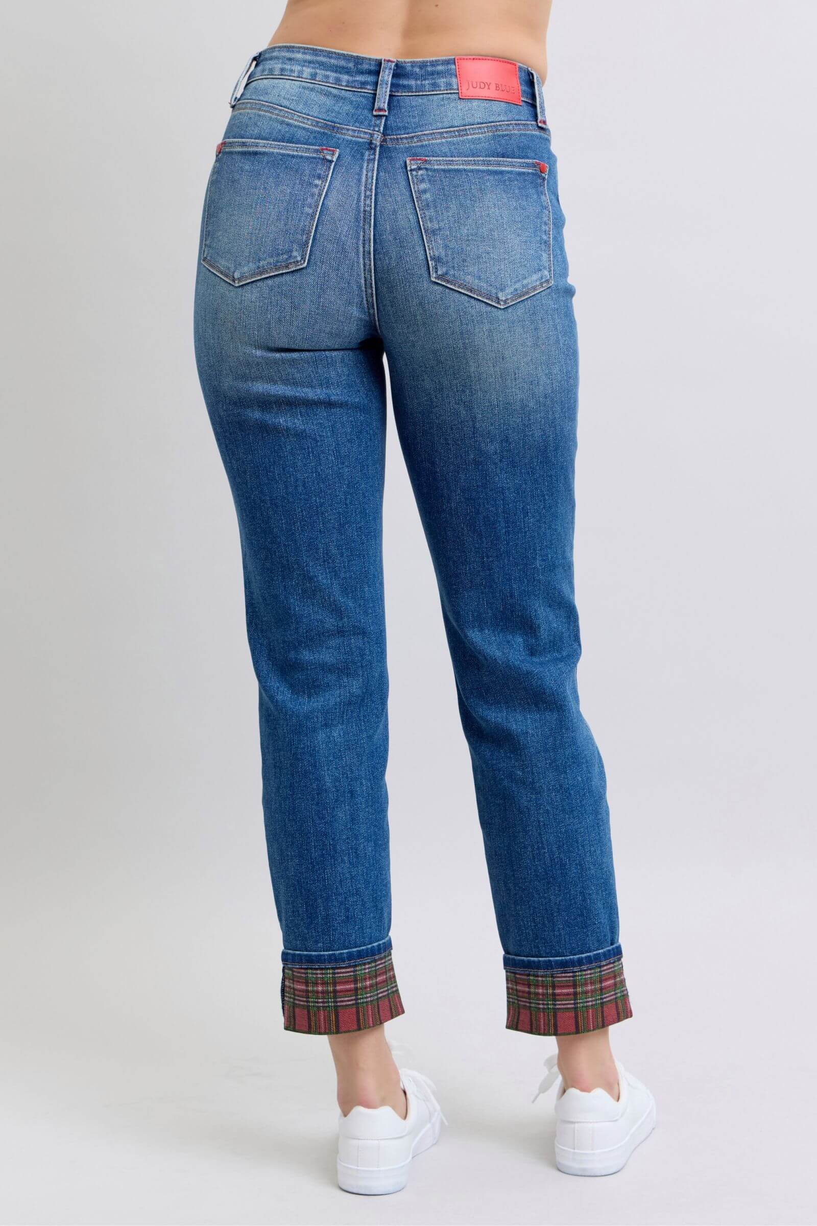 Judy Blue full-size plaid print cuff straight leg jeans with side pockets, featuring a stylish plaid design and comfortable fit, available at 6i6.com