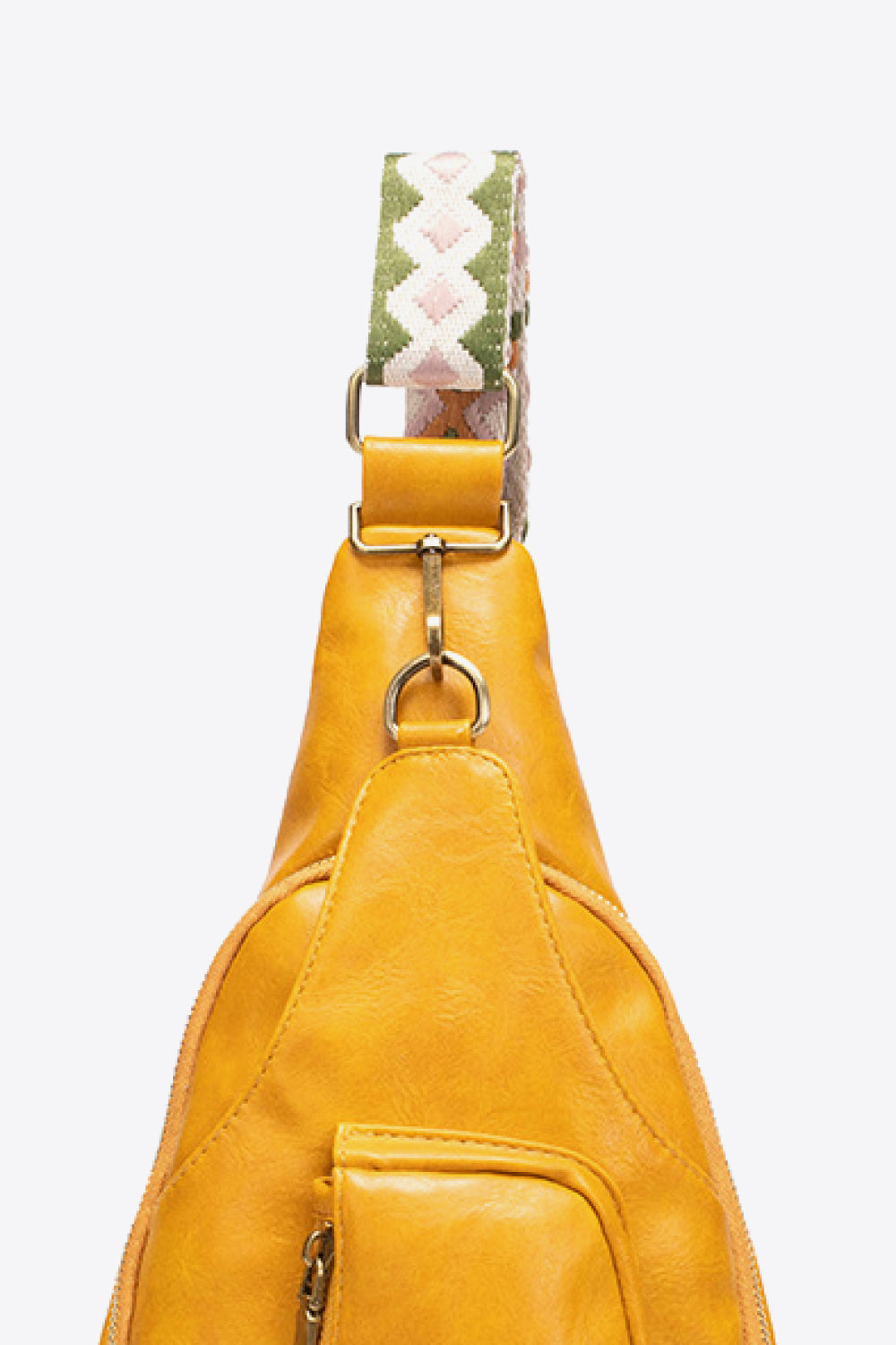Adjustable strap of yellow PU leather sling bag featuring geometric pattern for a stylish touch.