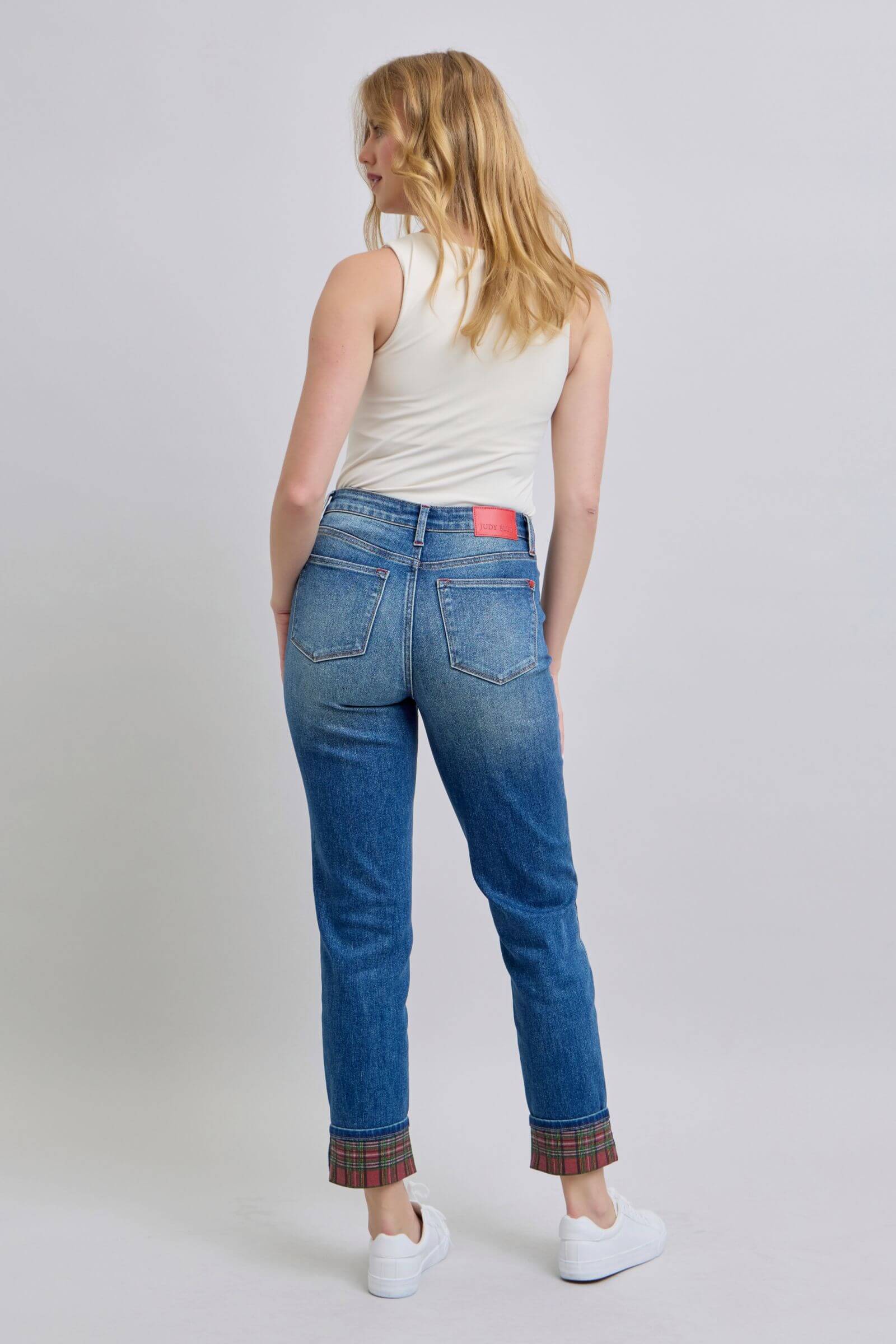 Judy Blue full-size plaid print cuff straight leg jeans with side pockets, featuring a stylish plaid design and comfortable fit, available at 6i6.com