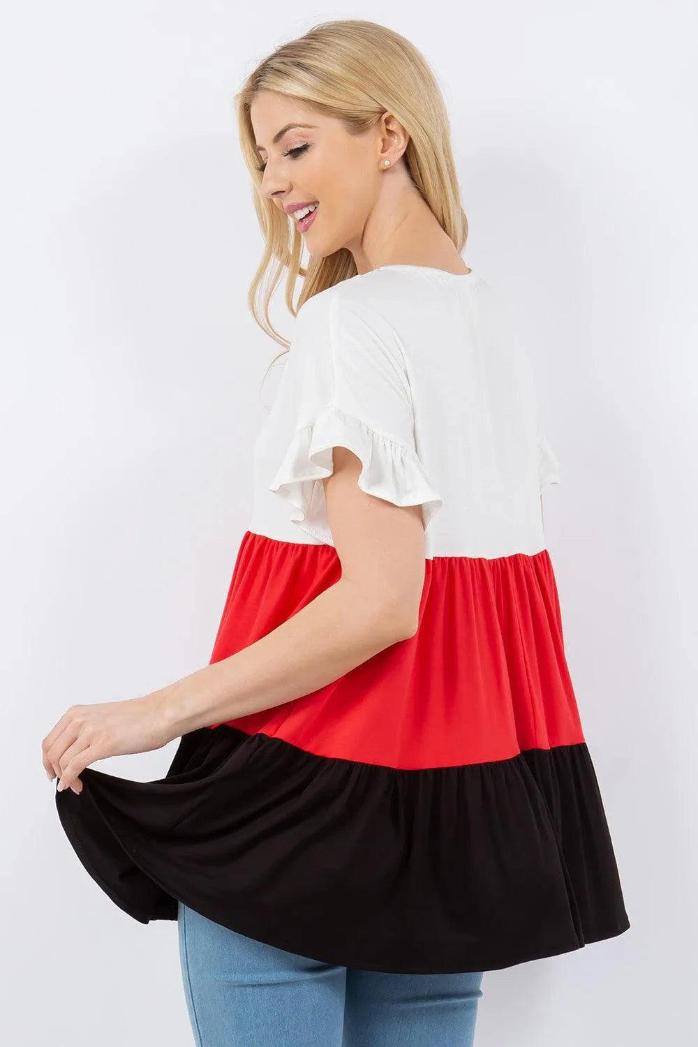 Celeste Full Size Color Block Ruffled Short Sleeve Top - 6i6
