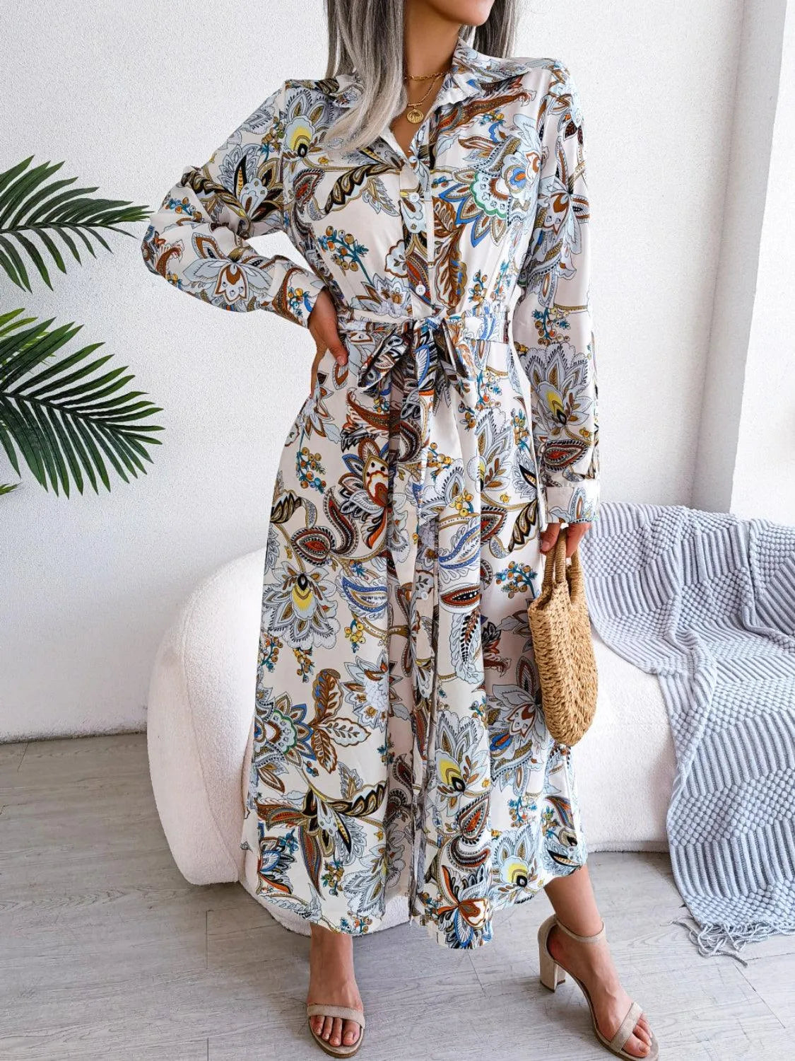 Tied Printed Long Sleeve Midi Dress - 6i6
