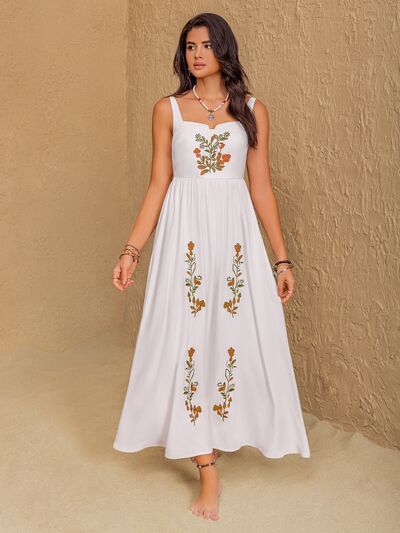 Floral Embroidered Sleeveless Maxi Dress for women from 6i6.com, perfect for breezy summer outings or elegant evening wear.
