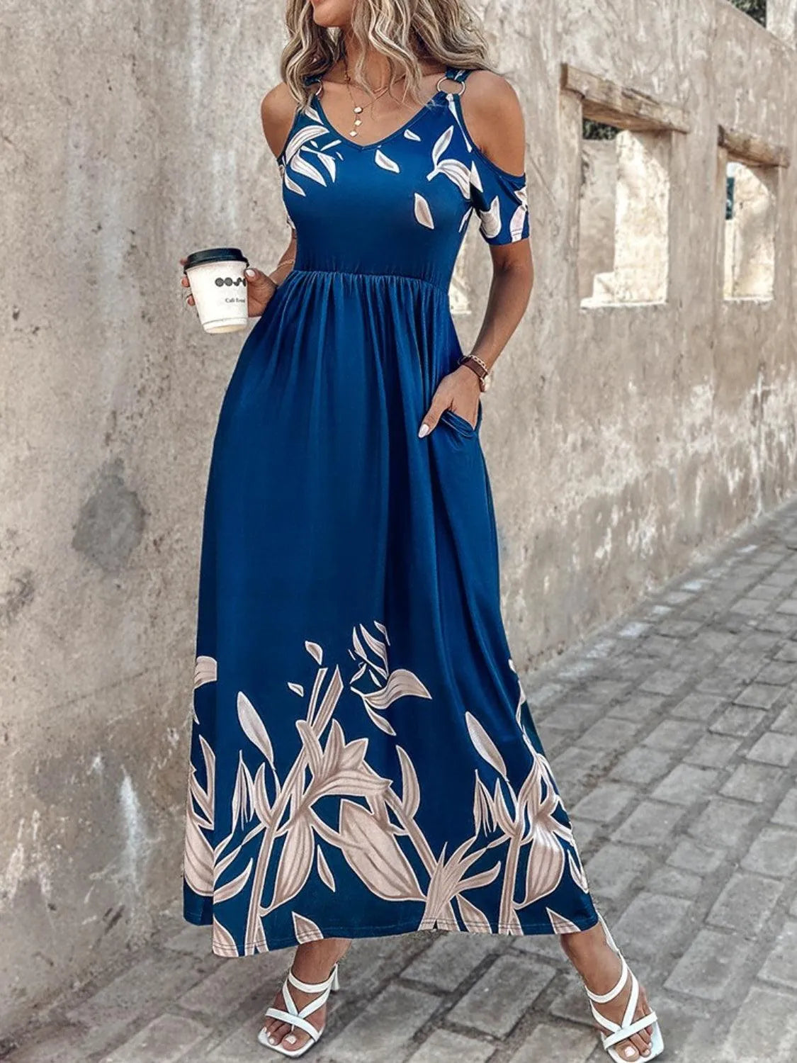 Printed Cold Shoulder Short Sleeve Maxi Dress - 6i6