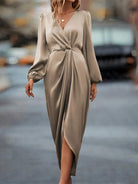High-Low Surplice Balloon Sleeve Midi Dress for women from 6i6.com, perfect for special occasions and chic daytime looks.