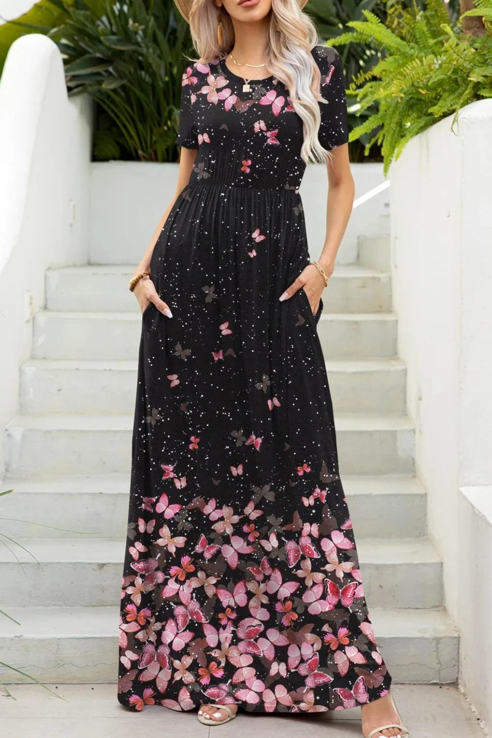 Printed Round Neck Short Sleeve Maxi Dress - 6i6