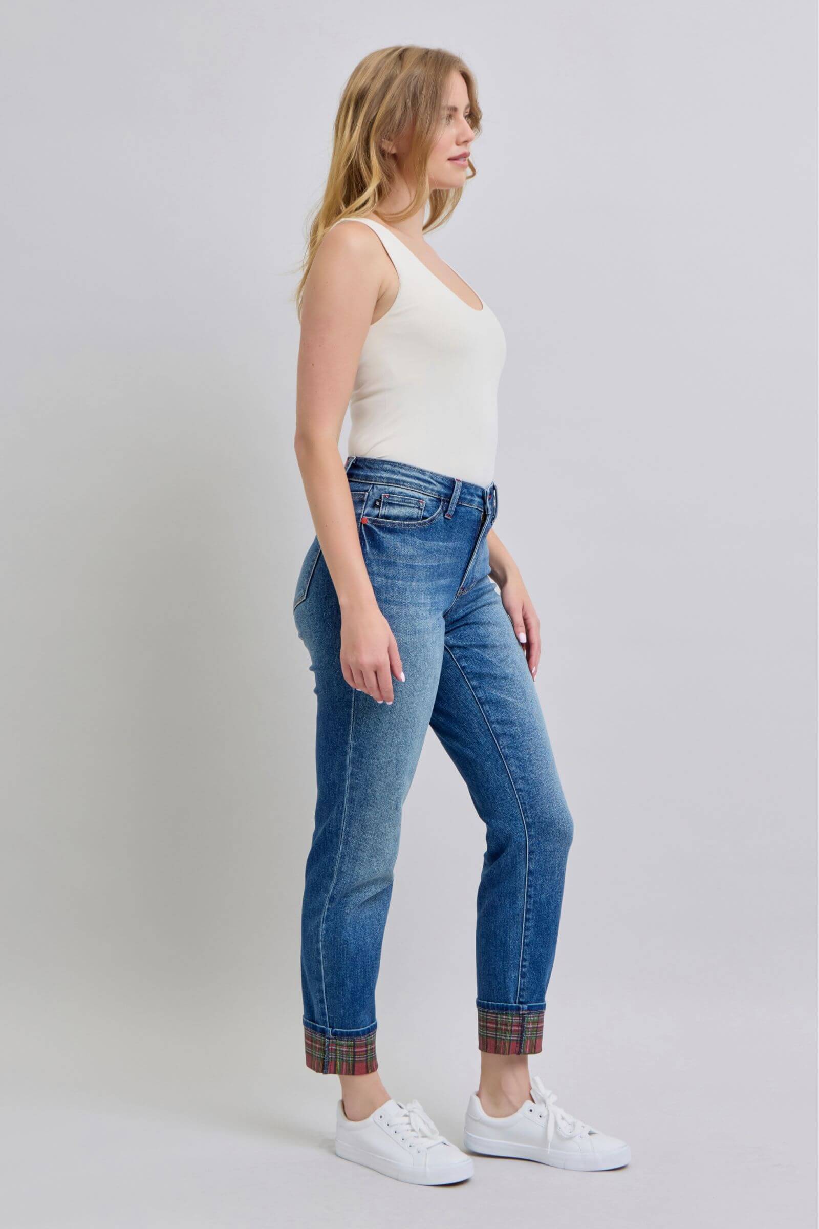 Judy Blue full-size plaid print cuff straight leg jeans with side pockets, featuring a stylish plaid design and comfortable fit, available at 6i6.com