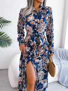 Tied Printed Long Sleeve Midi Dress - 6i6