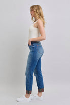 Judy Blue full-size plaid print cuff straight leg jeans with side pockets, featuring a stylish plaid design and comfortable fit, available at 6i6.com