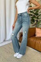 Judy Blue full-size medium rise tummy control destroy flare jeans with a flattering fit and distressed details, available at 6i6.com