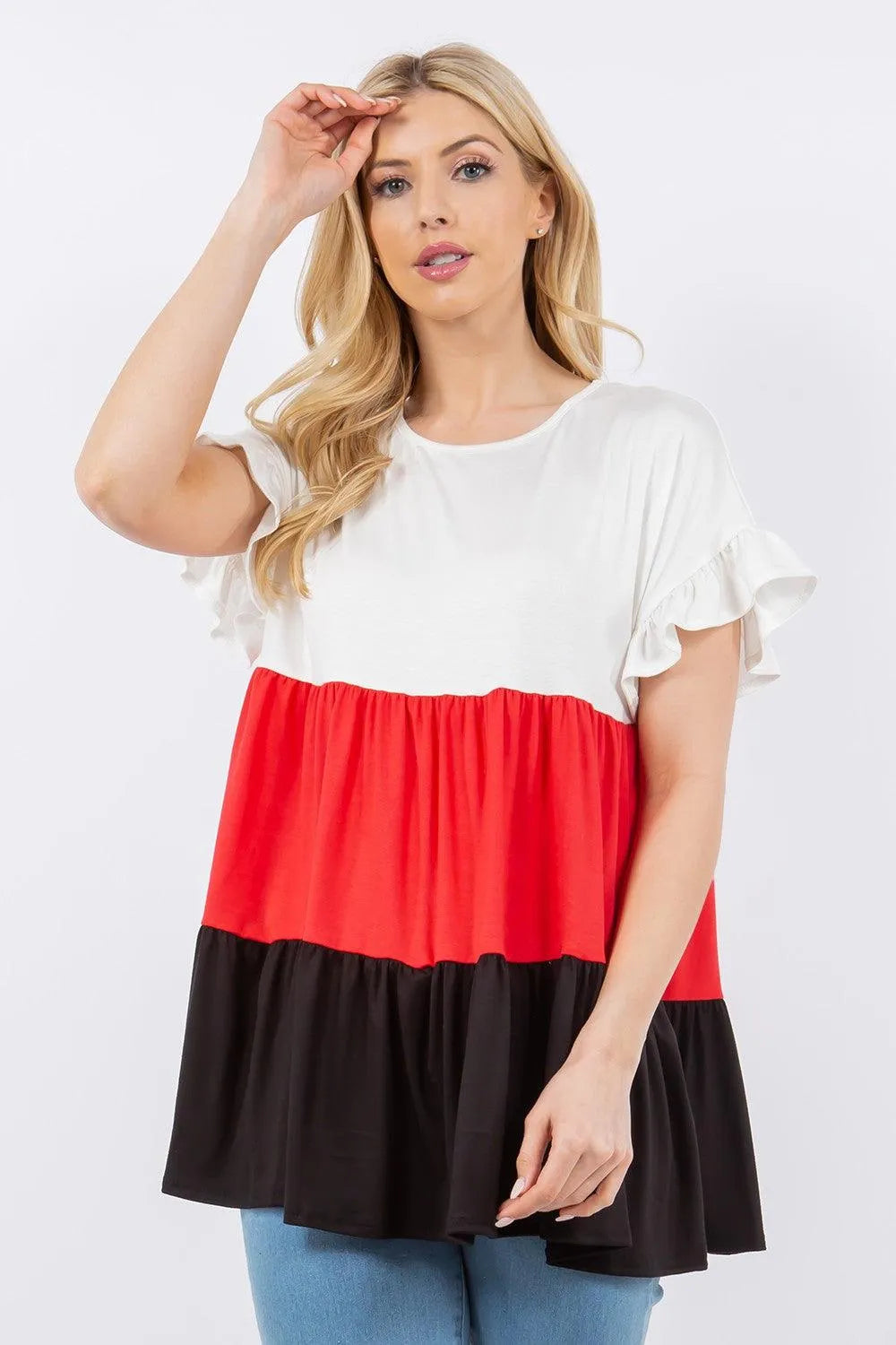 Celeste Full Size Color Block Ruffled Short Sleeve Top - 6i6