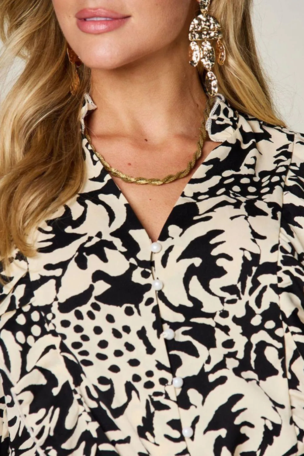 Double Take Full Size Printed Ruffle Trim Balloon Sleeve Shirt - 6i6