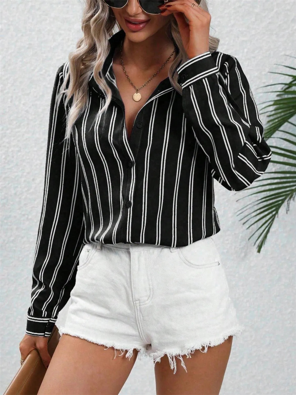 Striped Collared Neck Long Sleeve Shirt - 6i6