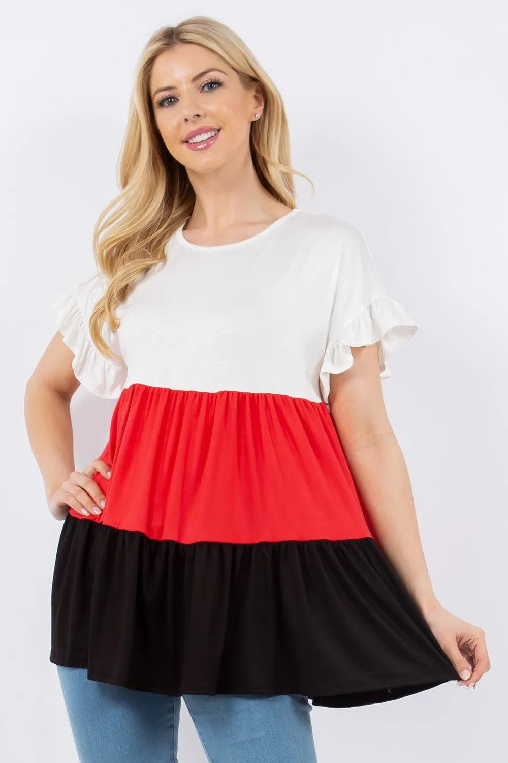 Celeste Full Size Color Block Ruffled Short Sleeve Top - 6i6