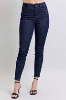 Judy Blue full-size skinny jeans with heart-shaped back pockets, offering a flattering fit and playful design, available at 6i6.com