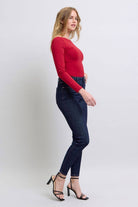 Judy Blue full-size skinny jeans with heart-shaped back pockets, offering a flattering fit and playful design, available at 6i6.com