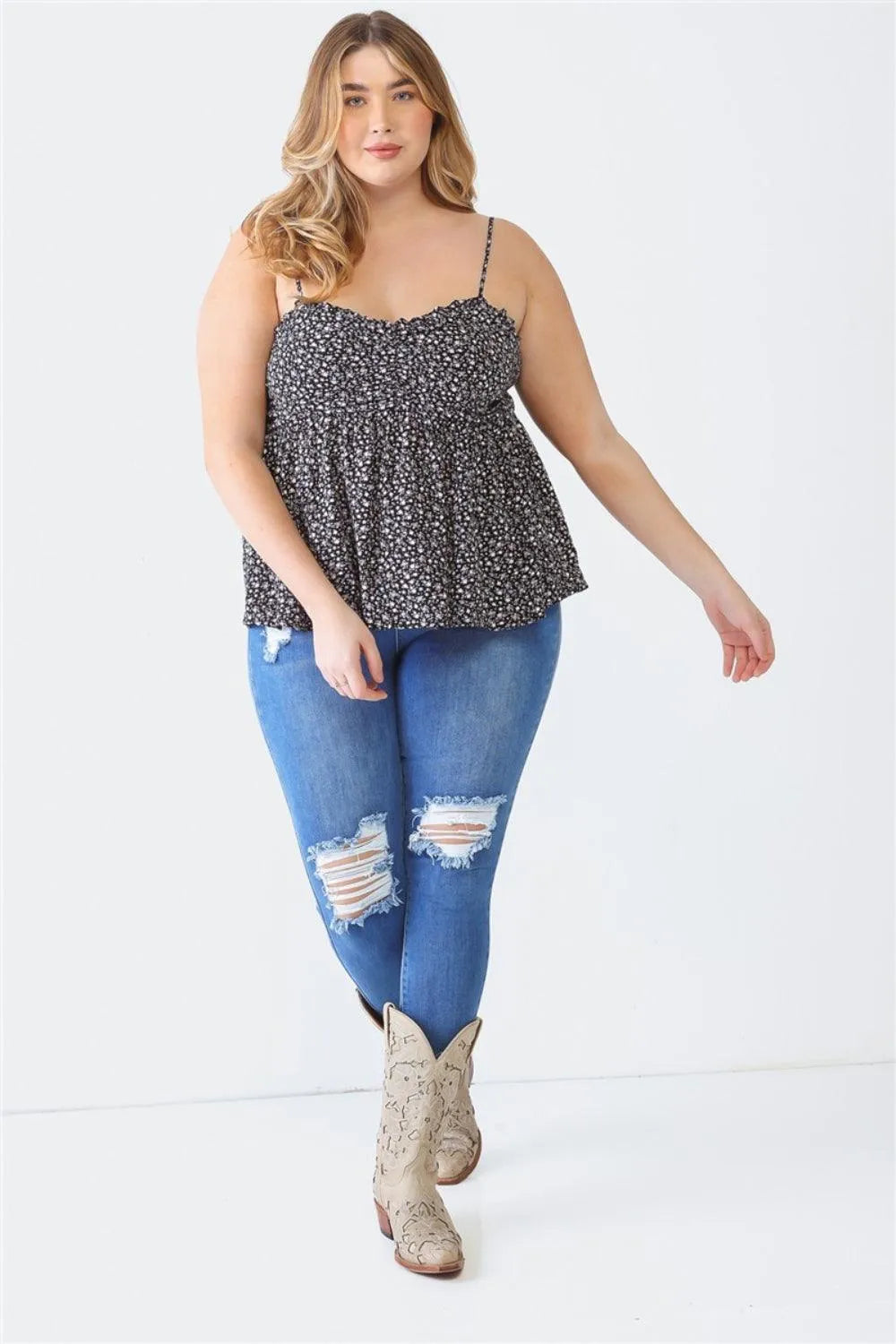 Zenobia Plus Size Frill Smocked Floral Sweetheart Neck Cami - 6i6