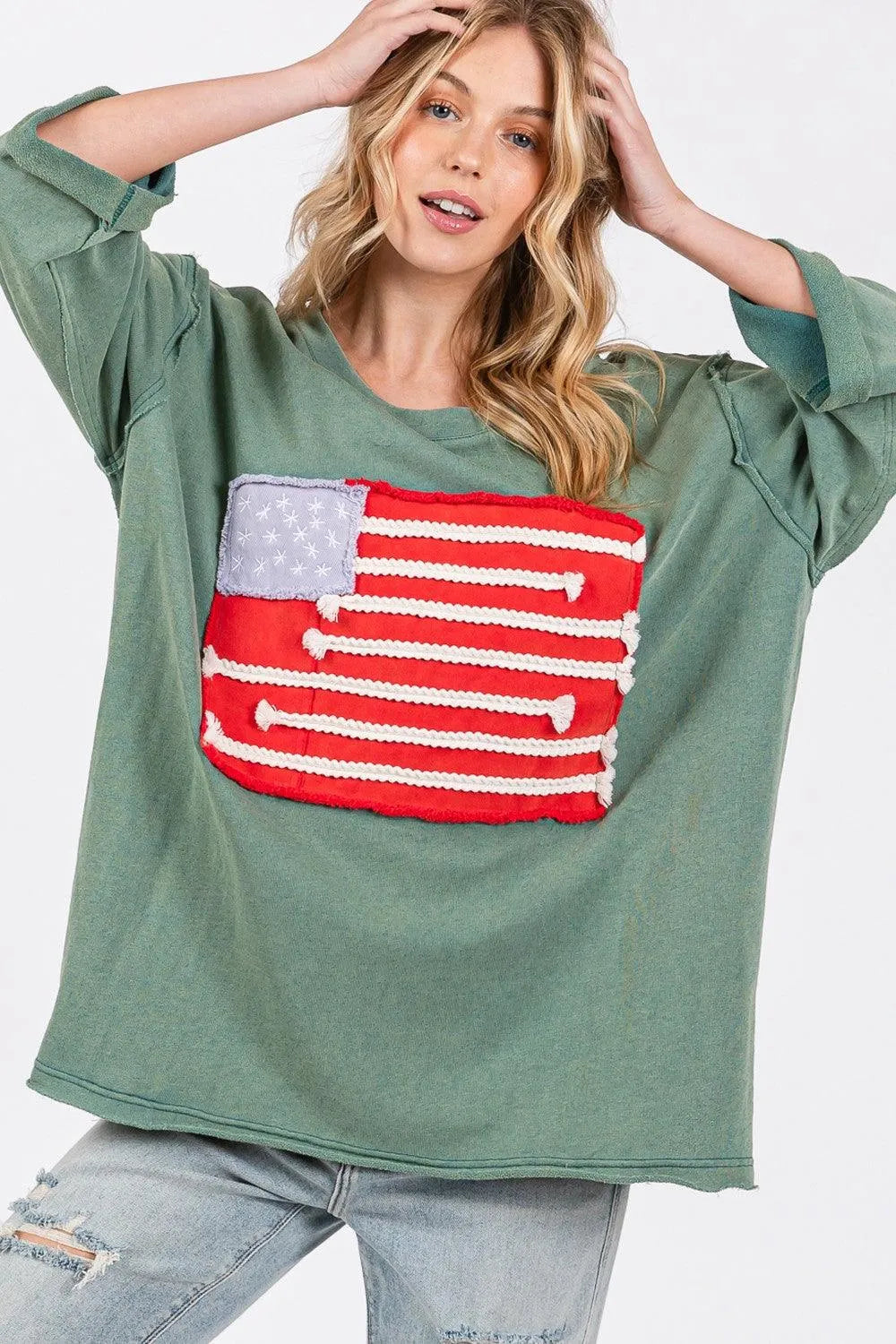 SAGE + FIG Full Size American Flag Patch Drop Shoulder T-Shirt - 6i6