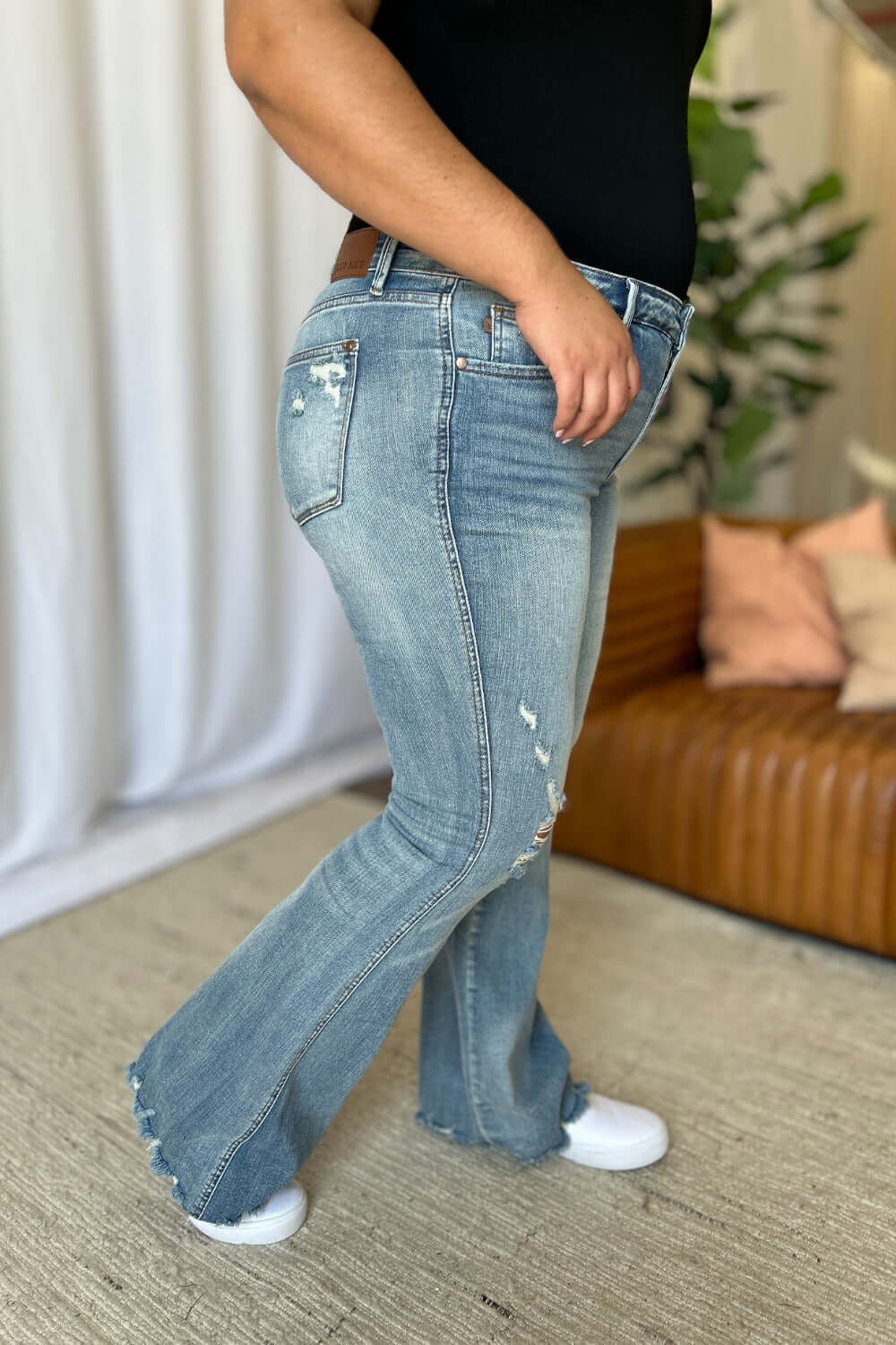 Judy Blue full-size medium rise tummy control destroy flare jeans with a flattering fit and distressed details, available at 6i6.com
