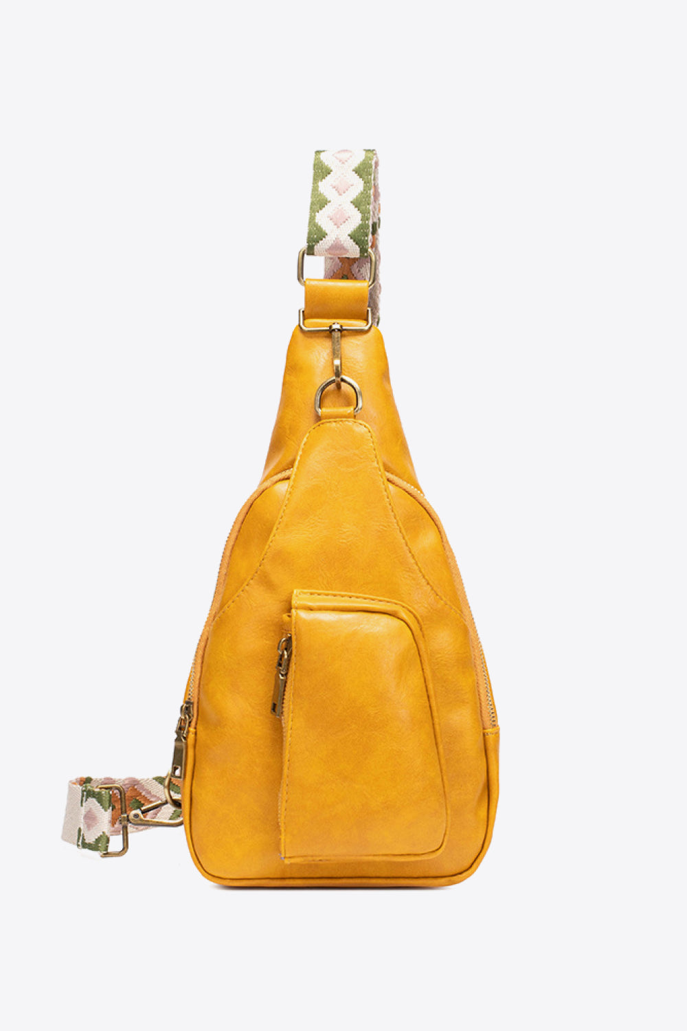 All The Feels PU leather sling bag in yellow with adjustable strap, showcasing sleek design and front zip pocket.