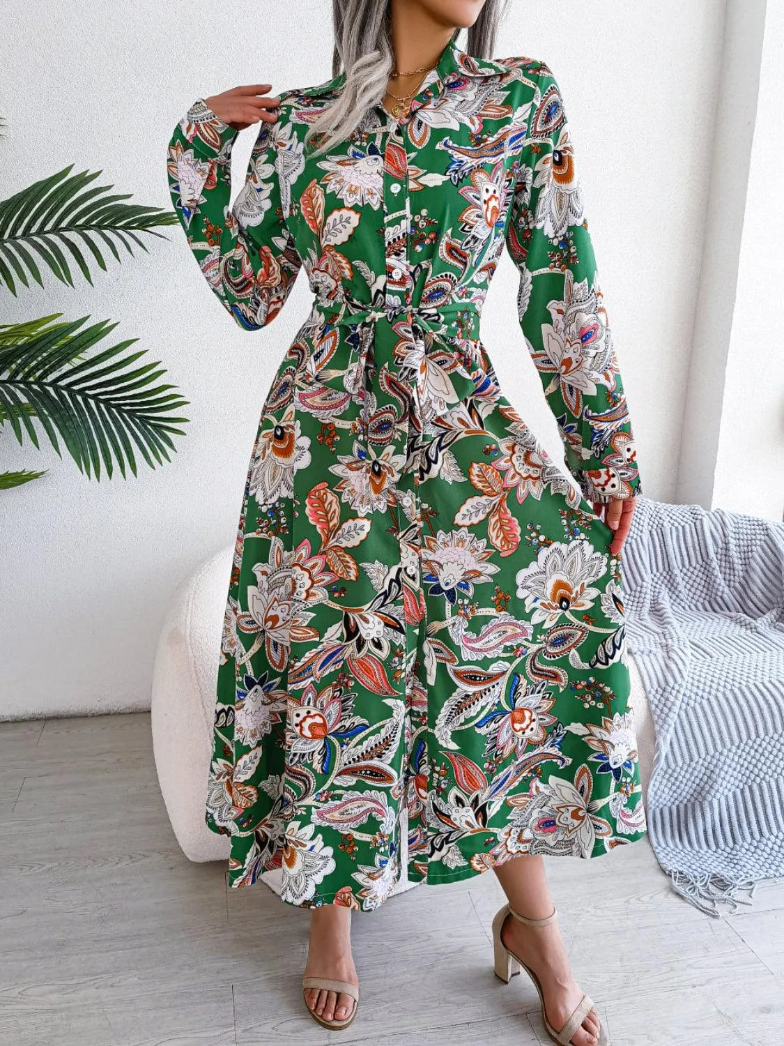 Tied Printed Long Sleeve Midi Dress - 6i6