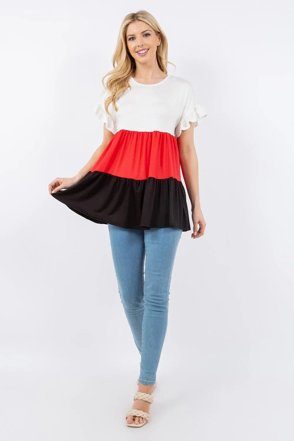 Celeste Full Size Color Block Ruffled Short Sleeve Top - 6i6