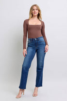 Judy Blue full-size straight jeans with side seam detailing and side pockets, offering a comfortable and stylish fit, available at 6i6.com
