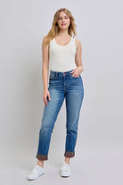 Judy Blue full-size plaid print cuff straight leg jeans with side pockets, featuring a stylish plaid design and comfortable fit, available at 6i6.com