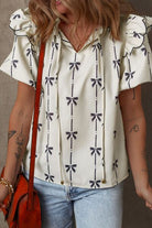 Bow Print Tie Neck Short Sleeve Blouse for women from 6i6.com, a stylish and versatile top for casual or office wear.