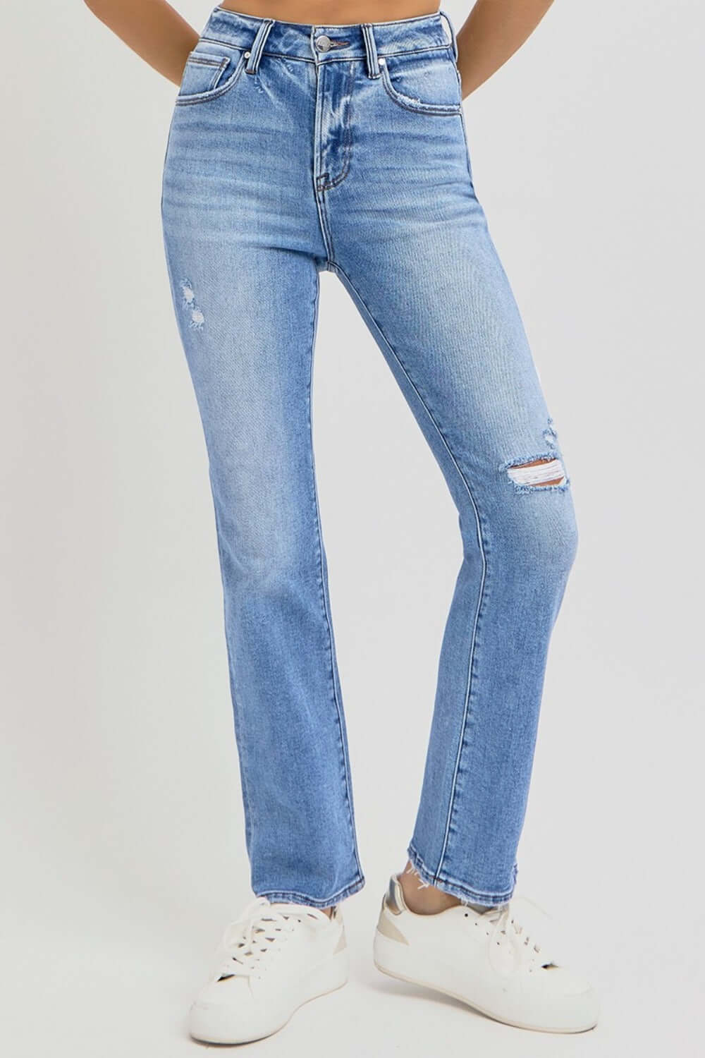 RISEN full-size distressed high-rise ankle straight jeans with a stylish distressed look and a flattering fit, available at 6i6.com