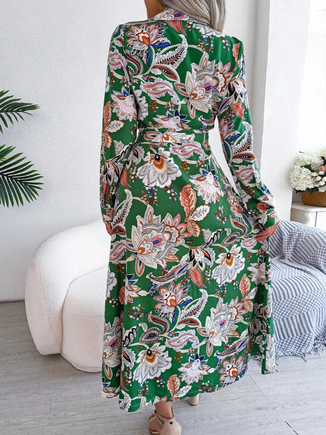 Tied Printed Long Sleeve Midi Dress - 6i6