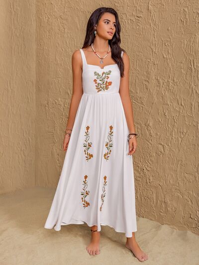 Floral Embroidered Sleeveless Maxi Dress for women from 6i6.com, perfect for breezy summer outings or elegant evening wear.