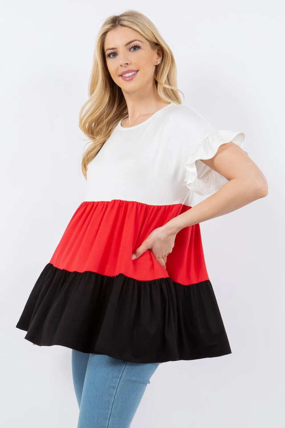 Celeste Full Size Color Block Ruffled Short Sleeve Top - 6i6