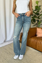 Judy Blue full-size medium rise tummy control destroy flare jeans with a flattering fit and distressed details, available at 6i6.com