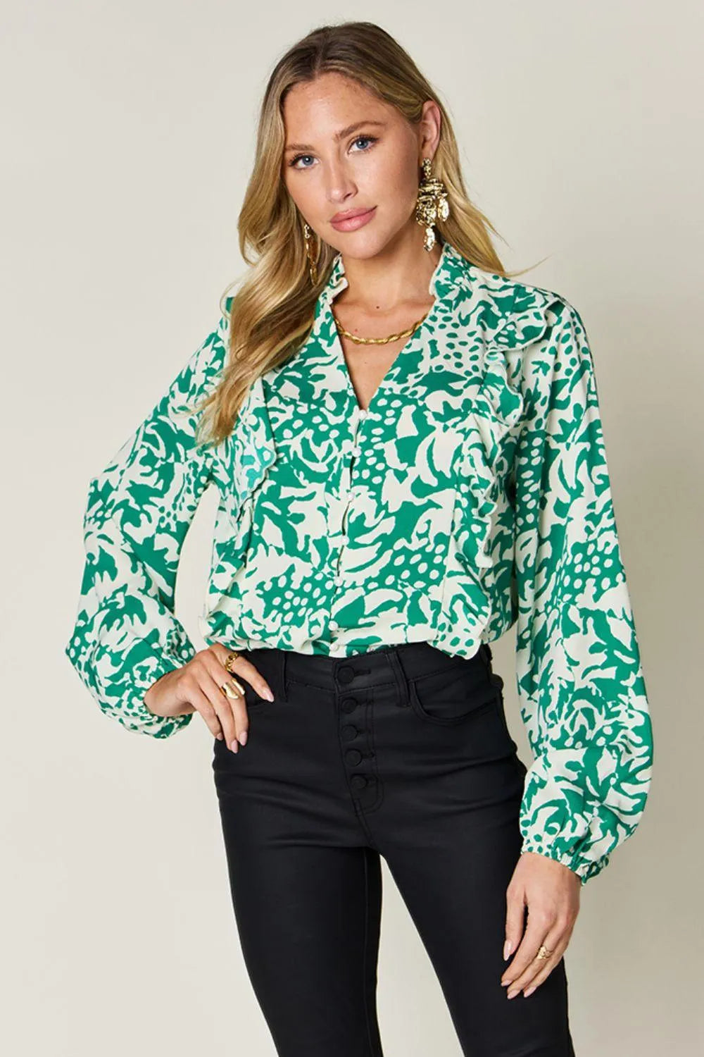Double Take Full Size Printed Ruffle Trim Balloon Sleeve Shirt - 6i6