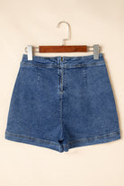 Ashleigh Blue Faux-Wrapped Mini Denim Skort for women from 6i6.com, a trendy and versatile summer piece.