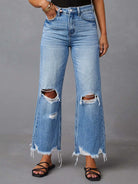 Distressed raw hem jeans with pockets, featuring a trendy frayed edge and a casual, stylish look, available at 6i6.com