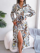 Tied Printed Long Sleeve Midi Dress - 6i6