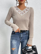 Lace Detail Ribbed V-Neck Long Sleeve Top - 6i6