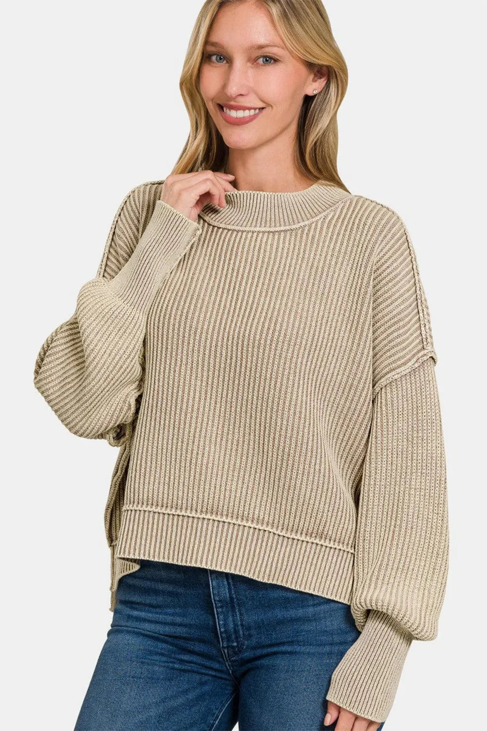 Zenana Exposed Seam Round Neck Dropped Shoulder Sweater - 6i6