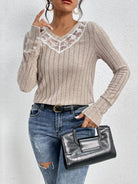 Lace Detail Ribbed V-Neck Long Sleeve Top - 6i6