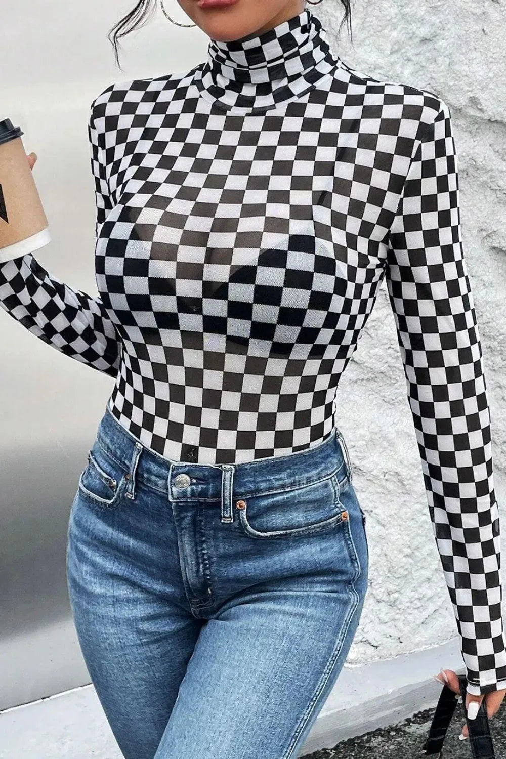 Checkered Turtleneck Long Sleeve Bodysuit - 6i6