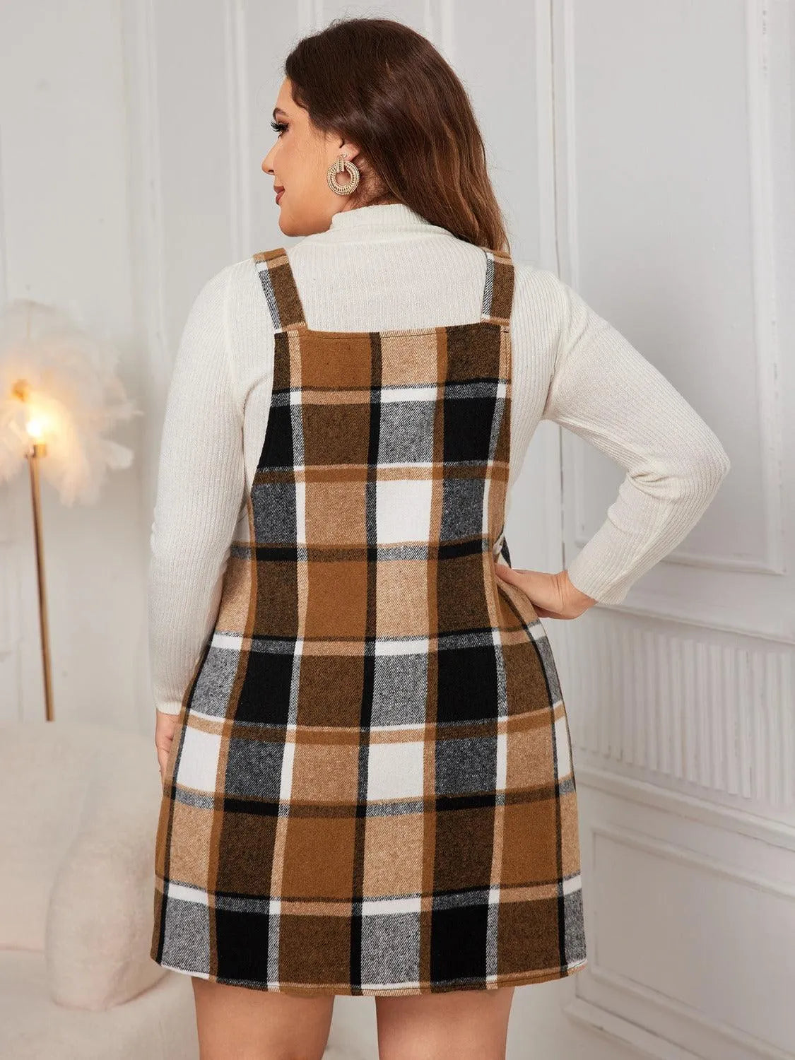 Plus Size Plaid Wide Strap Overall Dress - 6i6