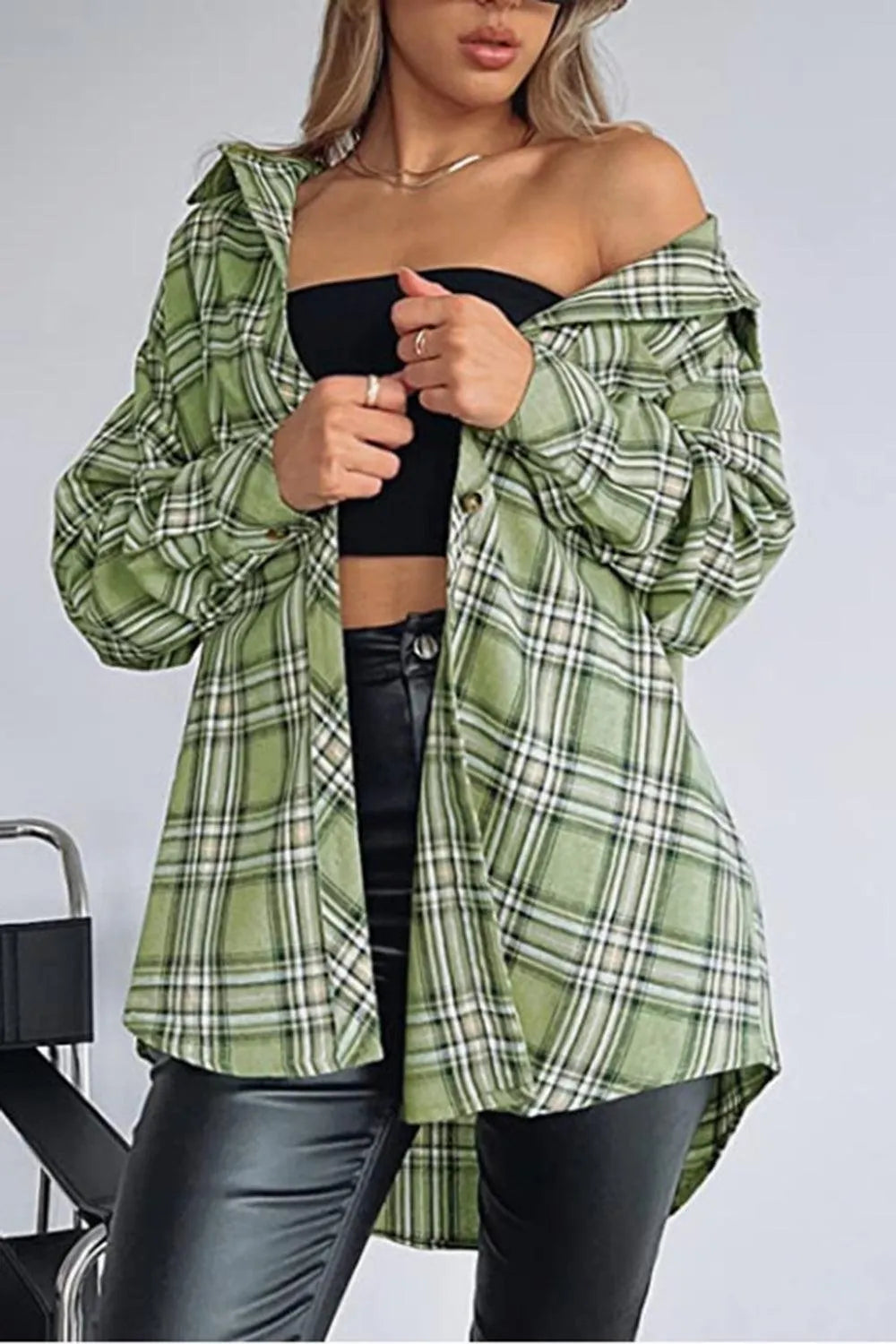 Plaid Collared Neck Long Sleeve Shirt - 6i6