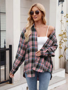 Pocketed Plaid Collared Neck Long Sleeve Shirt - 6i6