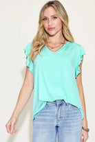 Basic Bae Full Size Bamboo Notched Ruffled Short Sleeve T-Shirt - 6i6