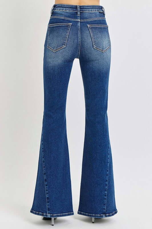 RISEN distressed button-fly flare jeans with a trendy flare silhouette and stylish distressed details, available at 6i6.com