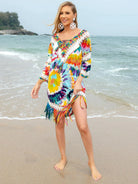 Fringe V-Neck Three-Quarter Sleeve Cover Up - 6i6