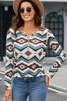 Printed Notched Neck Long Sleeve Top - 6i6